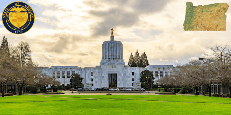 Oregon Capitol with statue and surrounding gardens in Salem.